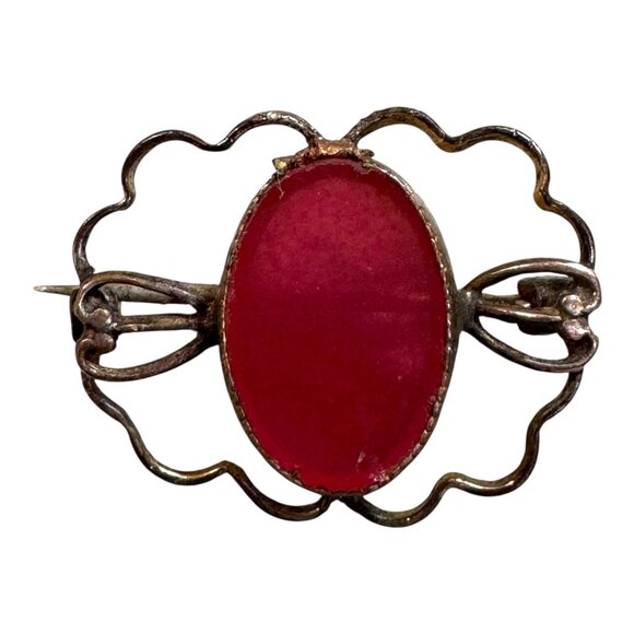 Antique Red Glass Oval Brooch Brass Filigree Pin Backing Vintage Signed Art Deco - Picture 1 of 6